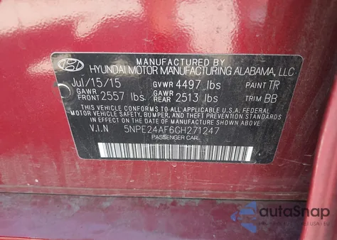 2016 Hyundai Sonata Se z USA, uszkodzony, nr VIN 5NPE24AF6GH271247